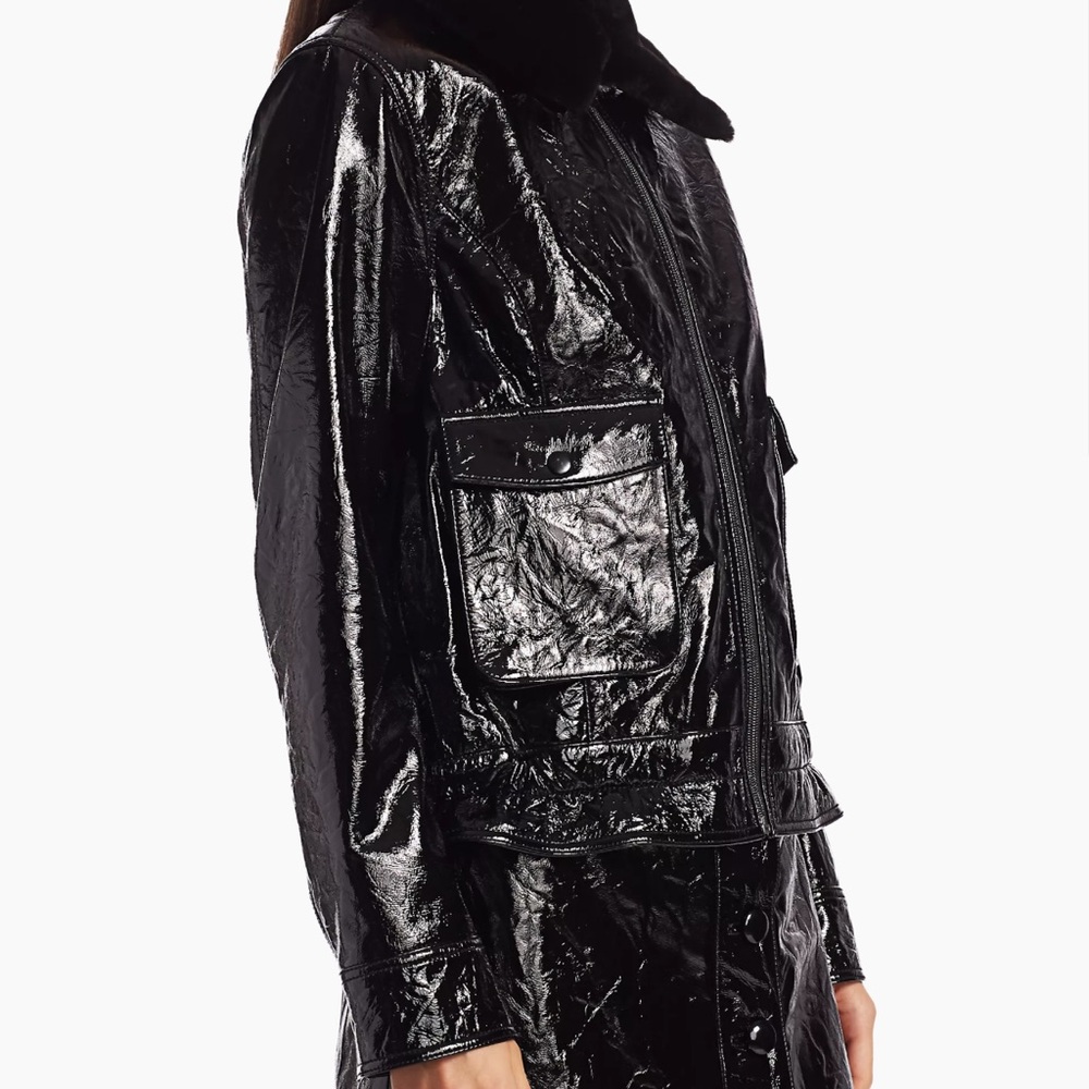 7 For All Mankind. Faux Fur Collar Patent Leather Jacket - Picture 10 of 11